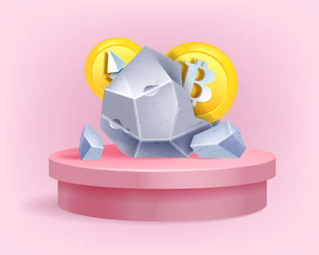 Bitcoin Ethereum crypto currency mining icon, vector digital decentralized coin farming concept, podium. Blockchain finance technology, gray stone, 3D electronic money on pink. Bitcoin mining clipartのイラスト素材
