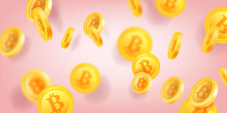 Bitcoin background, vector crypto currency wallpaper, golden flying coins, digital finance illustration. 3D mining web banner, electronic economy clipart, business success concept. Bitcoin backgroundのイラスト素材