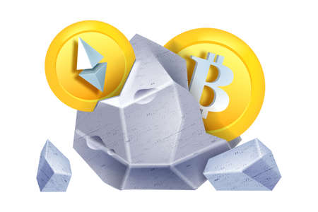 Bitcoin crypto currency mining icon, vector digital decentralized coin farm concept, Ethereum payment. Blockchain finance technology, 3D electronic money on white, gray stone. Bitcoin mining clipartのイラスト素材