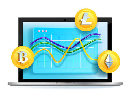 Crypto analysis vector online chart, internet bitcoin Ethereum graph, money finance exchange, laptop. Stock market trading concept, online digital currency Litecoin price. Crypto analysis clipartのイラスト素材