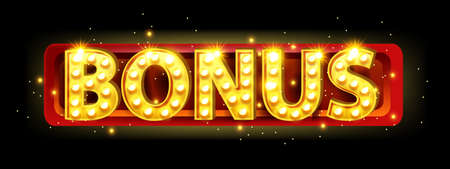 Bonus casino banner, vector promotion prize discount announcement sign, light bulbs, red frame. Golden letters, special advertisement, extra sale offer badge, jackpot winner gift. Bonus casino clipartのイラスト素材