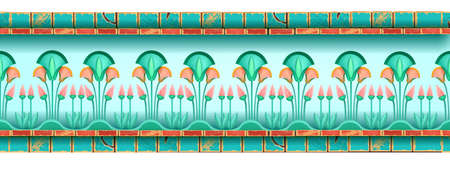 Egypt seamless border, Egyptian antique vector ornament, ancient lotus pattern, folk abstract...
