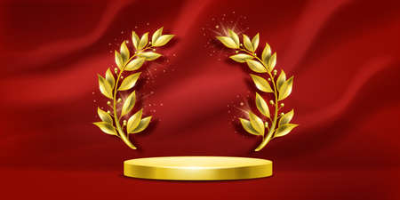 Golden award laurel wreath podium, vector winner prize background, red curtain, 3D victory stage....
