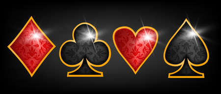 Poker card suit vector casino icon set, spades, red hearts, diamonds, isolated game gambling symbol...