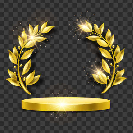 Golden award podium, vector laurel winner wreath, first place ceremony stage, championship award. Metal olive branch leaf, trophy pedestal on transparent background. Victory contest golden podiumのイラスト素材