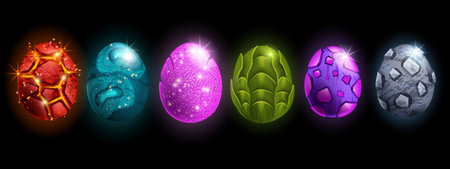 Dragon egg game icon set, UI alien space rock, vector cartoon magic dino stone kit, fairy easter collection. Purple glitter marble ball, fire lava glossy dinosaur sphere. Fantastic dragon eggのイラスト素材