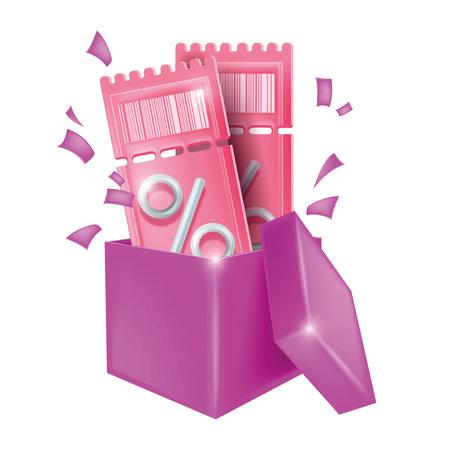 3d discount coupon, vector gift voucher banner, percentage sign, present box promo illustration. Special offer sale lucky pink ticket, online shopping cashback, loyalty program bonus gift. 3D couponのイラスト素材