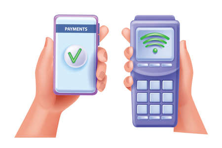 3D payment POS terminal, vector man hand holding smartphone, NFC online cashless transaction concept. Mobile banking process, digital success purchase icon. Contactless payment terminal illustrationのイラスト素材