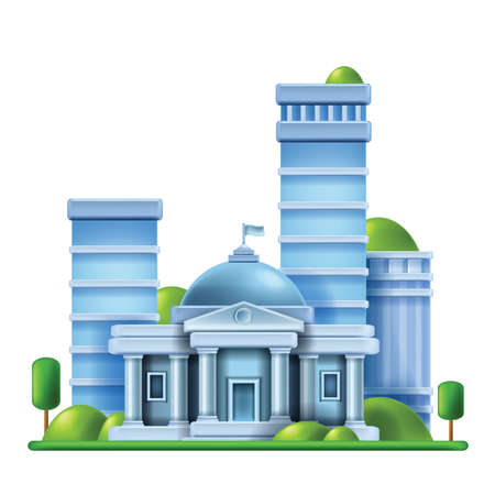 3D government building vector illustration, bank house, modern skyscraper, city business centre. University museum entrance, downtown street view, green tree. Architecture exterior bank buildingのイラスト素材