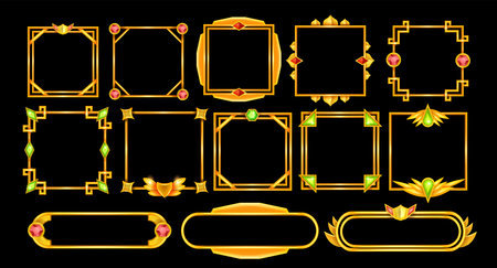 Game frame vector set, avatar UI fantasy RPG gold border, medieval ancient facecam menu, red green gem. Vintage metal screen asset kit shiny square interface design element. Game frame ranking clipartのイラスト素材