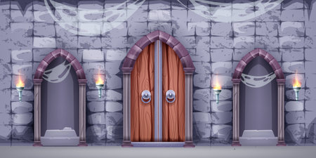 Castle dungeon interior game background, stone arch wall, vector medieval wooden door, entrance gate. Ancient scary Halloween underground prison, spiderweb column torch. Castle interior cartoon designのイラスト素材