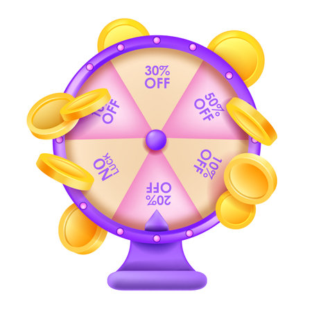 Fortune wheel game, special gift offer roulette clipart, 3D spin vector banner, flying golden coins. Success discount concept lucky round casino game, business shopping sale promo. Fortune wheel prizeのイラスト素材