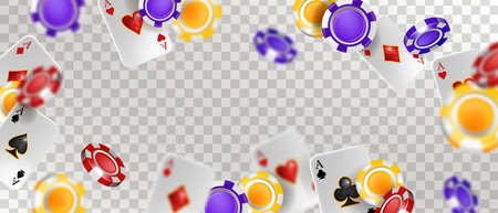Casino vector background, VIP poker gambling game poster, flying chips, playing cards Vegas banner. Online blackjack lucky frame, success transparent illustration. Entertainment casino backgroundのイラスト素材