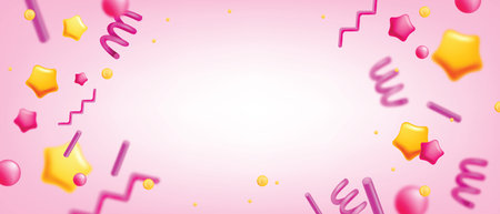 3D confetti party background, vector pink festive congratulation birthday banner, carnival stars. Popper abstract serpentine design, colorful holiday decoration, New Year flying ribbon. 3D confettiのイラスト素材