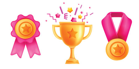 3D ranking icon set, vector game UI medal, golden cup, festive goblet, winner trophy medal, confetti. Quality certificate badge, cartoon champion achievement reward kit. 3D icon success prize clipartのイラスト素材