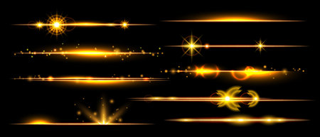 Gold line flare set, vector yellow lights, magic glowing dust, cosmic shiny sparkle collection. Abstract beam kit, orange space ray flash, game energy effect illustration. Gold line glitter elementsのイラスト素材