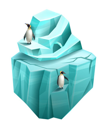 Glacier game island, isometric arctic vector ice land, 3D cartoon iceberg, north flying ground. Penguins, frozen environment scene, cool polar UI surface. Blue crystal winter glacier island concept