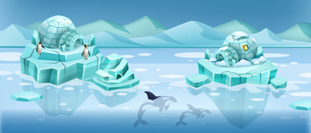North frozen landscape, vector igloo house global warming banner, ice island, penguin, orca whale. Cartoon iceberg game background, blue antarctic glacier, cold water. North landscape, mountainsのイラスト素材