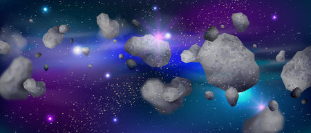 3D asteroid space background, cosmos game meteorite, vector neon galaxy sci-fi moon stones. Universe astronomy rocks, grey flying meteoroid texture. 3D asteroid system debris belt science conceptのイラスト素材