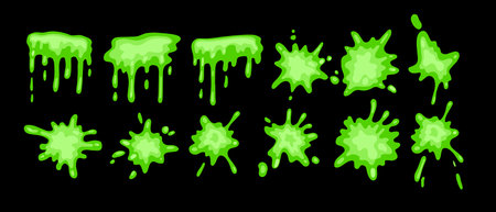 Slime vector set, green dripping Halloween splat, liquid toxic drop, 3D jelly cartoon mucus kit. Poison sticky goo, paint splash blot, transparent spooky radioactive blob. Green slime horror clipartのイラスト素材