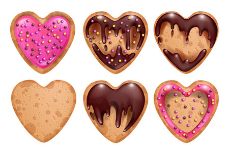 Heart cookie Valentineâs Day set, vector cartoon sweet food background kit, chocolate cute dessert. Holiday pastry doughnut, pink glaze, love symbol, biscuit frosting. Heart cookie bakery clipartのイラスト素材