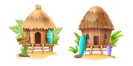 Beach shack house, vector bamboo hut, Hawaiian surfing bungalow, surfboard, tropical plants, sand. Summer cartoon island building, straw roof, exotic vacation camping. Beach shack seashore clipartのイラスト素材