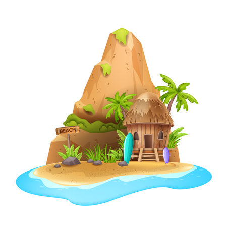 Tropical island vector illustration, rock mountain, palm trees, stranded beach hut, sand sea shore. Comic landscape view, lost ocean land summer vacation paradise concept. Cartoon tropical islandのイラスト素材