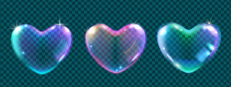 3D heart bubble overlay vector illustration set, glossy love icon, magic Valentineâs Day balloon. Soapy foam transparent wedding shape, colorful shiny rainbow ball. Heart bubble abstract design elementのイラスト素材
