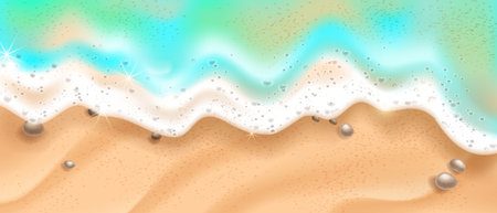 Beach wave top view, soft vector sea foam, 3D summer ocean texture border, sandy background. Aerial shore horizontal scene, travel tropical holiday banner, realistic froth. Beach foam tropical clipartのイラスト素材