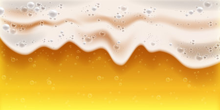 Beer foam background, vector sparkling fizzy beverage texture, summer bar wallpaper, golden bubble. White ale froth, orange alcohol glass, Octoberfest pub banner. Beer foam wave close view    clipartのイラスト素材