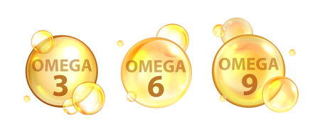 Omega 3 3D molecule bubble set, fish oil cell icon kit, vector vitamin medical nutrient tablet gel. Gold transparent sphere, health beauty care medicine advertisement. Omega 6 and 9 molecule clipartのイラスト素材