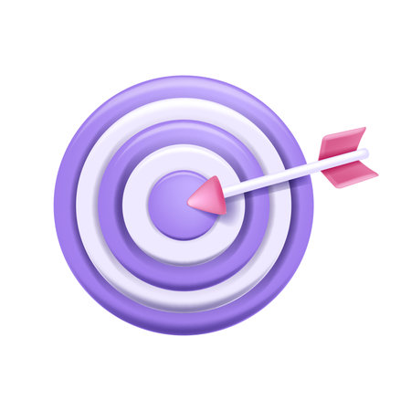 3D target market icon, vector training skill corporate clipart, business goal invest, circle, arrow. Dartboard game clipart, project achievement sign, financial strategy marketing. 3D target objectのイラスト素材