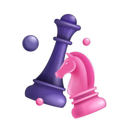 3D chess queen knight icon, vector purple figure, competition achievement sign, business strategy symbol. Tournament enemy game fight concept, online sport intelligence hobby. 3D chess victory clipartのイラスト素材