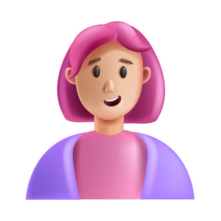 3D woman icon, vector lady character face, cartoon business person avatar, pink hair cheerful girl. Successful young female worker, smiling cute student, happy funny manager. Office woman head iconのイラスト素材