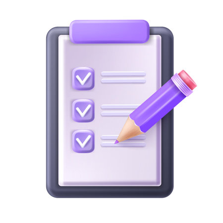 3D checklist on clipboard vector icon, exam paper document, online digital checkbox form  clipart. Education test, marketing questionnaire survey, pencil, flip chart note. Planning 3D checklist doneのイラスト素材