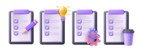 3D checklist clipboard vector icon set, online digital checkbox form  clipart, exam paper document. Education test, marketing questionnaire survey, pencil, flip chart note. Planning 3D checklist doneのイラスト素材