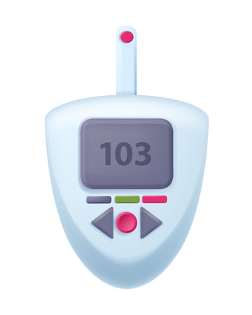 3D blood sugar test machine icon, vector electronic glucometer measuring device medical technology. Home diabetes check tester, healthcare pharmacy clipart, button. Sugar test insulin meter on whiteのイラスト素材