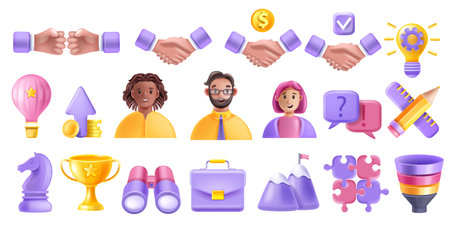 3D teamwork partner person avatar vector icon set, handshake, puzzle, partnership project funnel. Business management strategy, success cup, startup rocket. 3D teamwork user connect company conceptのイラスト素材