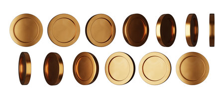 3D bronze flying coin realistic set, game UI casino money icon, render animation metal medal side. Gambling bet finance winner illustration golden cash reward sign. Golden coin premium jackpot clipartの写真素材
