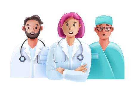 3D doctor medical team, healthcare personnel, vector female male hospital staff character face. Cartoon young nurse professional clinic cardiologist, emergency help therapist. 3D doctor smiling avatarのイラスト素材