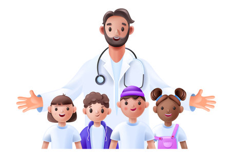 3D pediatrician, family doctor children healthcare concept, vector medical female male character. Cartoon therapist, boys girls smiling patients, hospital cheerful man volunteer. Pediatrician doctorのイラスト素材