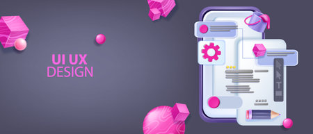 3D UX design banner, smartphone screen, vector UI web page, program interface concept. Visual creative content background, tools panel, tablet screen program development. UX design abstract processのイラスト素材