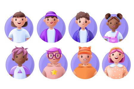 3D kid avatar set, cute child face smile icon, vector young school teen boy girl cartoon character. Diverse kindergarten head collection, happy student team portrait profile clipart. Kid avatar kitのイラスト素材