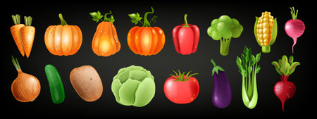 3D vegetables icon set, vector farm nature food kit, healthy cooking collection, autumn harvest. Green garden natural product, cabbage, tomato, onion, pumpkin, pepper. 3D vegetables vitamin dietのイラスト素材