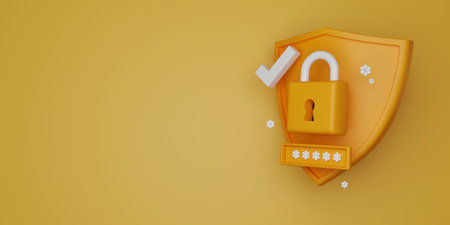 3D secure shield banner, render cybersecurity lock concept, personal cloud data solution password. Internet web computer safe protection, antivirus identity control account guard. 3D secure backgroundの写真素材