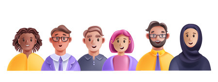 3D profile people avatar icon set, vector men woman happy face young male female cartoon character. Office diverse colleague team smiling freelance workers portrait. 3D people cheerful expression headのイラスト素材