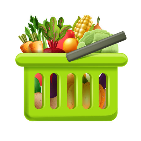 3D grocery shopping basket, vector vegan supermarket food icon, organic goods delivery, vegetables. Fresh greenery market, natural healthy meal, plastic handle cart. Grocery basket illustrationのイラスト素材