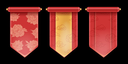 3D Chinese scroll set, vector royal red festive banner kit, asian game UI traditional design element. Luxury celebration China background, spring floral print, silk banner. Chinese scroll collectionのイラスト素材
