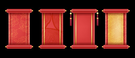 3D Chinese scroll set, royal red festive banner kit, vector asian game UI traditional design element. Luxury celebration China background, spring floral print, silk banner. Chinese scroll collectionのイラスト素材