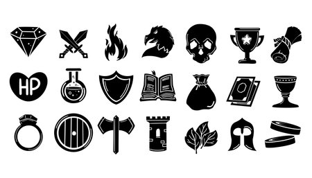 RPG game icon set, pictogram UI kit, fantasy mobile app collection, vector health heal sign. Dungeon dragon entertainment concept, skill award, knight sword, magician potion. RPG icon, warrior weaponのイラスト素材
